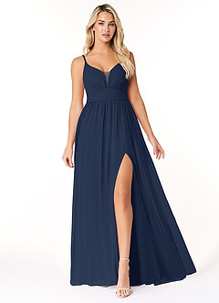 Azazie Rayna Brautjungfernkleider A-Linie V-Hals Gefaltet Chiffon Kleid Dunkelmarine image1