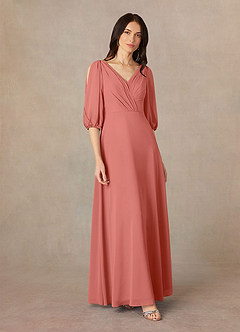 Azazie Bronwyn Abiti per la Madre della Sposa Abito A-Line in Chiffon Increspato con Scollo a V Salmone Rosa image6
