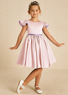 Azazie Sugar Plum Flower Girl Dresses Blushing Pink Lilac A-Line Bow Matte Satin Dress image2