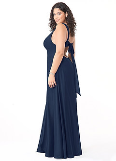 Azazie Christiana Vestidos de damas de honor Vestido de Azul Marino Oscuro de Gasa de Corte en A con Cuello en V plisado image10