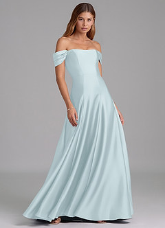 Azazie Seriana 신부 들러리 드레스 A라인 오프 더 숄더 스트레치 새틴 바닥 길이 드레스 image4