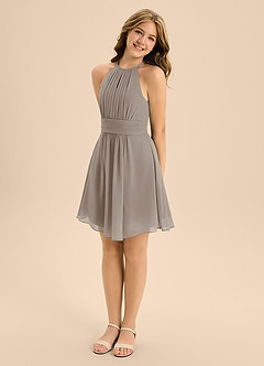 Azazie Bonnie Junior Taupe A-Line Pleated Chiffon Dress image4