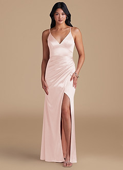 Azazie Shania Bridesmaid Dresses Rose Gold Sheath Pleated Metallic Satin Dress image1