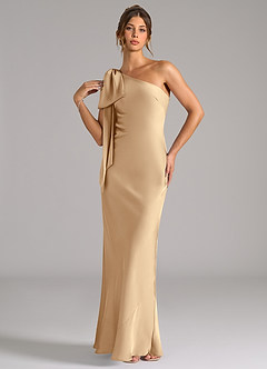 Azazie Capri Bridesmaid Dresses Champagne Mermaid One Shoulder Stretch Satin Dress image3