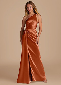 Azazie Mika Probar vestidos en casa Vestido de Castaño de Satén Metálico de Corte Recto con Hombro unilateral image1