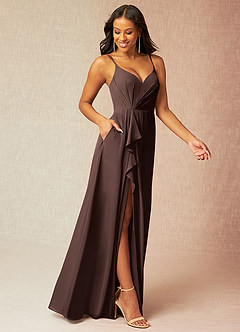 Azazie Kyedae Brautjungfernkleider A-Linie V-Hals Gefaltet Chiffon Kleid Ganache image3