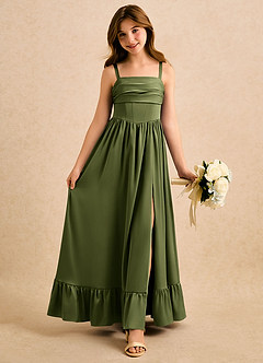 Azazie Maisie Girls Formal Blumenmädchenkleider A-Linie Gestreift Stretch-Satin Kleid Olivgrün image1