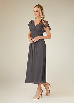 Azazie Vera vestidos de madre de la novia Vestido de Gris Acero de Malla de Corte En A con Cuello en V plisado image2