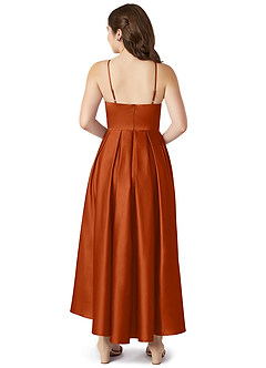 Azazie Jemima Junior Vestido de Naranja Quemada de Satén Elástico de Corte En A con Con bolsillos image2