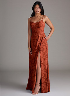 Azazie Moira Bridesmaid Dresses Auburn A-Line Side Slit Floral Burnout Dress image3