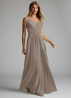 Azazie Gina Bridesmaid Dresses Taupe A-Line V-Neck Pleated Chiffon Dress image3