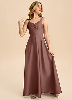 Azazie Bug Junior Espresso A-Line Pleated Stretch Satin Dress image4