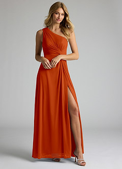 Azazie Brooke Bridesmaid Dresses Paprika A-Line One Shoulder Mesh Dress image1