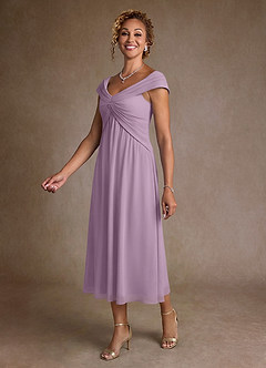 Azazie Mirta 신부의 어머니 드레스 A라인 주름진 플로럴 번아웃 티 길이 드레스 image4