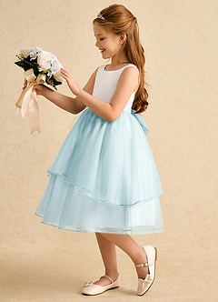 Azazie Rene Blumenmädchenkleider A-Linie Schleifen Tüll Kleid Elfenbein Seeglas Blau image5