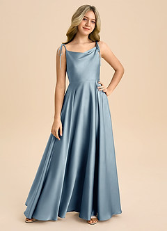 Azazie Popsy Junior Abito A-Line in Raso Elasticizzato Fiocco Blu Polveroso image8