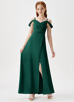 Azazie Ocean Junior Emerald A-Line Off the Shoulder Stretch Satin Dress image6
