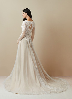 Azazie Essy Wedding Dresses Diamond White Nude A-Line V-Neck Sequins Tulle Dress image4