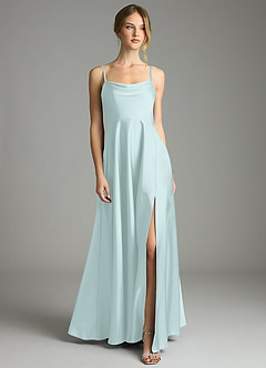 Azazie Elle Vestidos de damas de honor Vestido de Vidrio Marino de Satén Elástico de Corte en A con Plisado image1