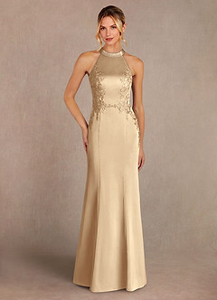 Azazie Tyra Final Sale Champagne Mermaid Lace Stretch Satin Dress image1