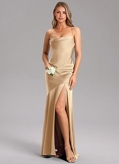 Azazie Grata Bridesmaid Dresses Champagne Sheath Side Slit Stretch Satin Dress image1