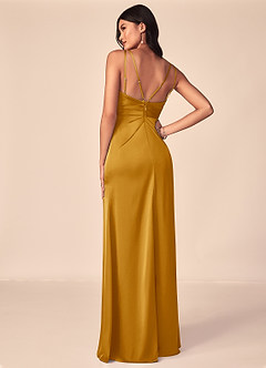 Azazie Aqua Bridesmaid Dresses Butterscotch A-Line V-Neck Pleated Stretch Satin Dress image3