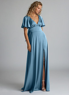 Azazie Kimber Bridesmaid Dresses Steel Blue A-Line Ruched Stretch Satin Dress image4