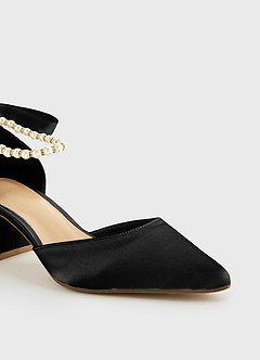 front Satin-Pumps mit spitzer Spitze und Blockabsatz, Perlen und Schleife