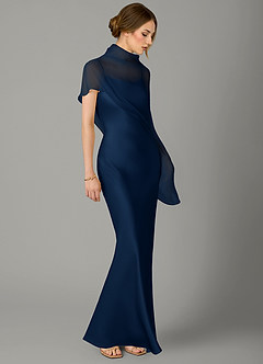 Azazie Jaleesa Robes de demoiselle d'honneur Robe Trapèze en Satin extensible Col Haut Bleu Marine Foncé image3