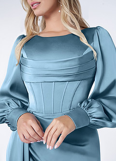 Azazie Raye Bridesmaid Dresses Steel Blue Mermaid Long Sleeve Stretch Satin Dress image5