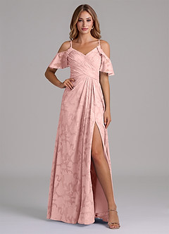 Azazie Dakota Robes de demoiselle d'honneur Robe Trapèze en Blumen-Burnout Épaule décolletée Rose Poudré image1
