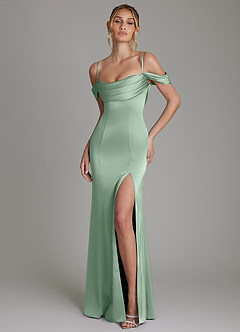 Azazie Nira Kleider zum Anprobieren zu Hause Meerjungfrau-Linie Korsett Stretch-Satin Kleid Agave image1