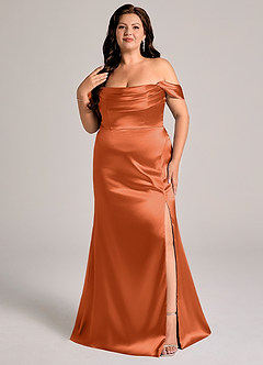Azazie Saige Bridesmaid Dresses Burnt Orange Sheath Off the Shoulder Metallic Satin Convertible Dress image11