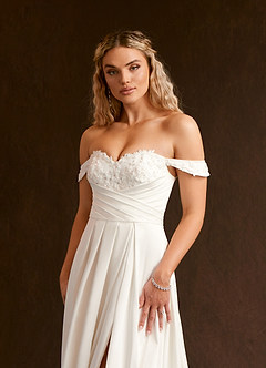 Azazie Joya Wedding Dresses Diamond White A-Line Off the Shoulder Crepe Back Satin Dress image6