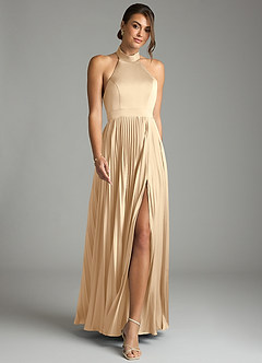 Azazie Zienna 신부 들러리 드레스 A라인 주름진 스트레치 새틴 바닥 길이 드레스 image4