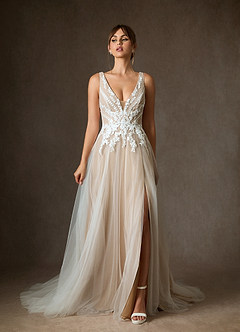 Azazie Goddess Wedding Dresses Diamond White Caramel A-Line V-Neck Sequins Tulle Dress image3