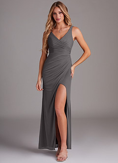 Azazie Leandra Bridesmaid Dresses Steel Grey Mermaid V-Neck Pleated Mesh Dress image1
