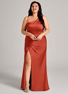 Azazie Madelyn Bridesmaid Dresses Rust Mermaid One Shoulder Stretch Satin Convertible Dress image15