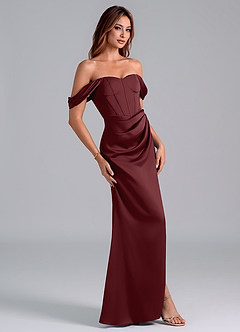Azazie Asha Bridesmaid Dresses Cabernet Sheath Off the Shoulder Stretch Satin Convertible Dress image3
