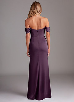 Azazie Saige Bridesmaid Dresses Plum Sheath Off the Shoulder Stretch Satin Dress image10