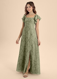 Azazie Bondi Junior Vestido de Pistacho de Devorado Floral de Corte en A con Lazo image1