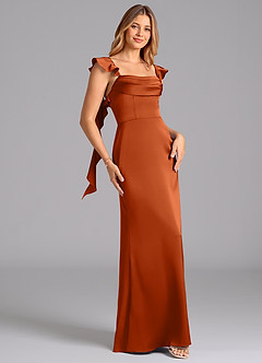 Azazie Adi Robes de demoiselle d'honneur Robe Trapèze en Satin extensible Plissée Orange Brûlée image3