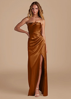 Azazie Leonis Bridesmaid Dresses Copper Mermaid Pleated Metallic Satin Convertible Dress image1