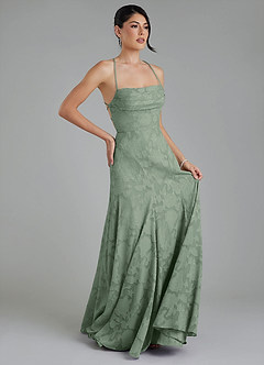 Azazie Tatum Robes de demoiselle d'honneur Robe Trapèze en Blumen-Burnout Corset Matcha image5