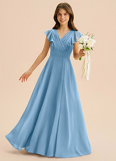 Azazie Anysa Junior Robe Trapèze en Mousseline de soie Rayé Acier Bleuté image1