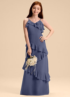 Azazie Evara Junior Robe Trapèze en Mousseline de soie Bleu Orageux image4