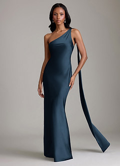 Azazie Juniper Brudtärnklänningar Klänning av Sjöjungfru i Stretch Satin One-shoulder Mörk Marinblå image4
