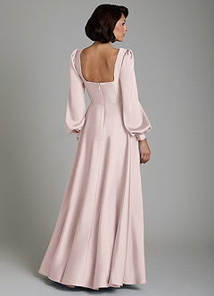 Azazie Solana At-home Try On Dresses Blushing Pink A-Line Long Sleeve Stretch Satin Dress image2