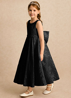Azazie Goldie Flower Girl Dresses Black A-Line Pleated Floral Jacquard Dress image4