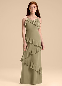 Azazie Evara Junior Robe Trapèze en Mousseline de soie Vert Mousse image3